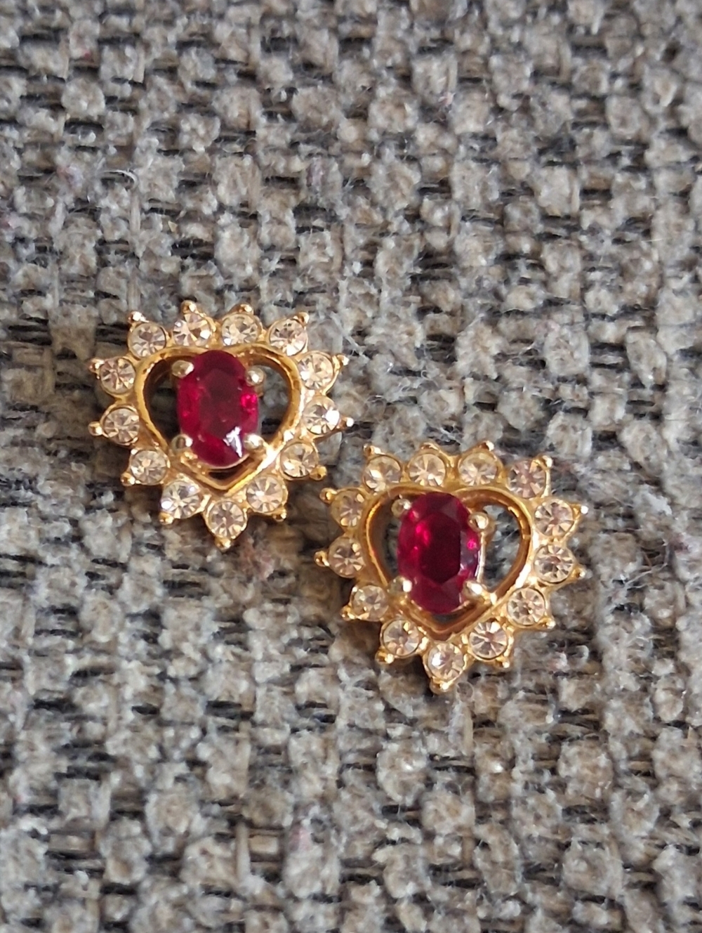 Gold Heart Ruby CZ Stud Earrings - Red